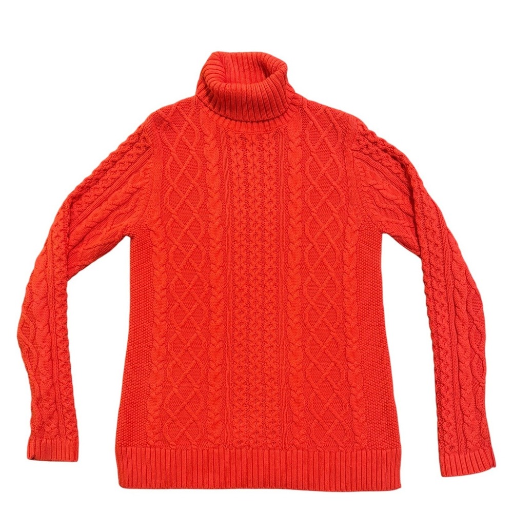 Lands End Orange Cable Knit Turtleneck Sweater Women's M T 10 12 Cotton Blend